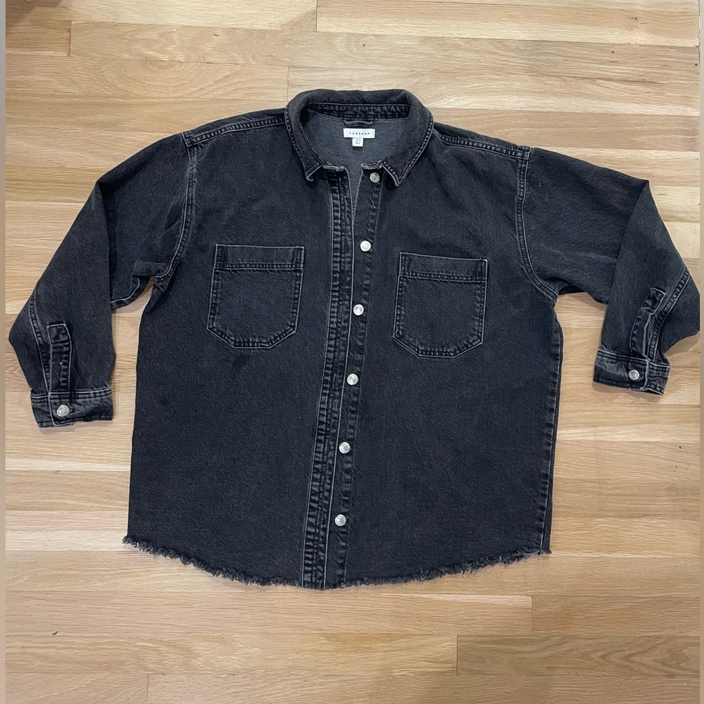 Topshop Black Denim Shirt Jacket Raw Hem